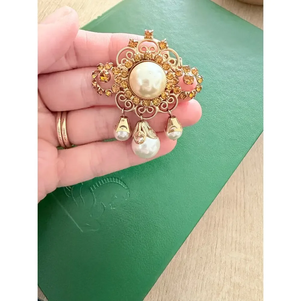 Vintage Gold Faux Pearl and Amber Rhinestone Brooch